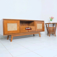 Mebel Meja TV Retro Kombinasi Rotan Jati Pilihan fhinising Melamin semprot Ukuran 150cm x 60cm x 45c