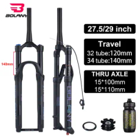 BOLANY 27.5/29inch Boost Bicycle Fork Thru Axle 100/110mm 34mm Tube Tapered Rebound Adjustment 120/140mm Travel Suspension Fork