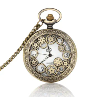 Retro Design Pocket Watch Hollow Gear Fob Watch Vintage Bronze Pocket Watch Necklace Chain Pendant Girt For Women Men LL@17
