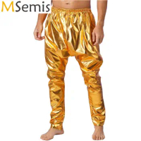 Mens Solid Color Lightweight Casual Harem Pants Elastic Waistband Metallic Shiny Disco Jazz Hip Hop Dance Performance Long Pants