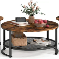 Home Round Coffee Table Set of 3 , Open Storage, Rustic Wood Surface Top &amp; Sturdy Metal Legs Large Circle Table, Brown and Black