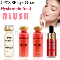 4 vials Face BB Lips Glow Hyaluronic Ampoule Serum Kit Whitening Foundation Lip Color Pigment Moisturizing Anti-Aging Skincare