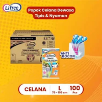 100 pcs Lifree L 1 isi 2 Dus + BONUS 4 pcs - Popok Celana Dewasa Tipis & Nyaman Bergerak - Pampers D