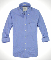 美國百分百【全新真品】Abercrombie&amp;Fitch A&amp;F麋鹿 藍白線 直線條紋 長袖襯衫 型男 休閒 免運 S號