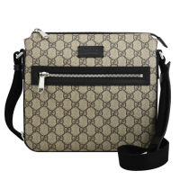 【GUCCI 古馳】GG Supreme 經典雙G印花皮革拼接大方包斜背包(駝/黑邊)