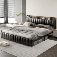 King Size Upholstered Platform Bed Frame Metal with Storage PU Leather Headboard for indoor bedroom furniture