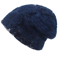 【AnnaSofia】針織帽薄款毛帽-鏤空網絨花 現貨(深藍系)