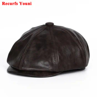 Distressed Beret Hats For Men American/British Autumn/Winter Genuine Leather Octagonal Caps Painter Newsboy Retro Bonia Chapeu