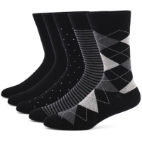 5 Pairs Mens Dress Socks Plus Size，High Quality Combed Cotton Crew Socks，Black Cool Argyle Breathable Casual Socks for men