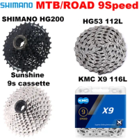 Shimano K7 9Speed Freewheel and Chain Groupset H200 Sunshine 23/25/28/30/32/36/40/42/46/50T Cassette HG53/KMC X9 Chain 9V Kit