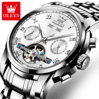 OLEVS 6607 Automatic Mechanical Watch for Men Stainless Steel Strap Waterproof Date Calendar Skeleton Wristwatch Classic Busine