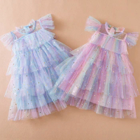Little Girls Sequin Clothes Summer Casual Dress 3-8Yrs Cute Baby Birthday Vestidos Mesh Wedding Party Princess Dresses for Kids