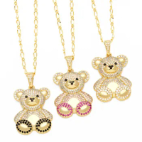 Big Cute Gold Plated Teddy Bear Necklaces for Women Copper CZ Crystal Little Bear Necklaces Animal Jewelry Gifts nken93