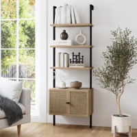 Bookcase with doors, Ladder 3 tier Open Storage Bookshelf with Rattan Drawers and Matte Steel Frame, Bookcase Bookshelf
