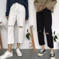 [ Lubang Pecah / Tiada Lubang ] Kelihatan Kurus Longgar Versi Korea Lemak mm Pinggang Tinggi Saiz Besar Pelajar Berkaki Lebar Sembilan Mata Seluar Jeans Perempuan