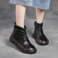 Clearance Special Offer Hand-Rub Color Pleated Short round Head Thick Bottom Single First Layer Cowhide Zipper Dr. Martens