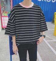 FINDSENSE MD 日系 男 時尚潮流 寬鬆 粉色螺紋 條紋 圓領 蝙蝠袖 休閒 短袖T恤 特色短T