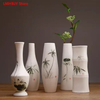 Hand-painted Chinese Style White Matte Hydroponic Vase for Home Decoration Creative Small Vase for Floral Tabletop Ornaments