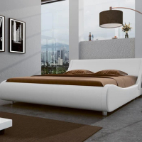 Low profile platform bed frame, queen size, stylish faux leather upholstered sled bed, adjustable headboard, white