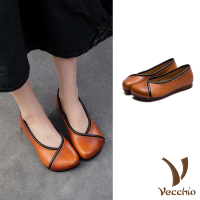 【Vecchio】真皮跟鞋 低跟跟鞋/全真皮頭層牛皮撞色滾邊舒適方頭低跟鞋(棕)