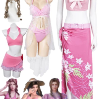 Aerith Cosplay Beach Dress Wigs Set Game Final FF7 Rebirth Roleplay Summer Costume Wome Female Disguise Beach Party Clothing