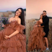Ruffled Tulle Maternity Gown Prom Dresses Off the Shoulder Fluffy Long Pregnancy Photoshoot Dress Extra Puffy Baby Shower Robes