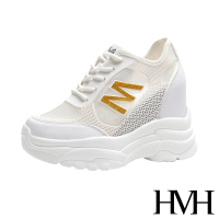 【HMH】時尚網面滴塑縷空拼接M字金蔥造型內增高厚底休閒鞋(金)