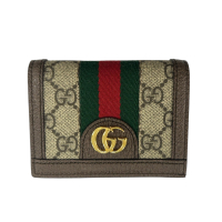【二手名牌BRAND OFF】GUCCI 古馳 烏木色 PVC塗層帆布 Ophidia GG 短夾 523155