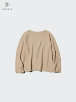 UNIQLO Sweater Wanita Katun Rajut Cotton 3D Knit Kerah Bulat Crew Neck BEIGE M
