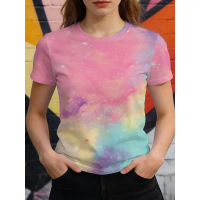 Aesthetic Iridescent Galaxy Blouse Women Pink Blue Daily Wear，Dreamy Pastel Style: Pink Blue Yellow 