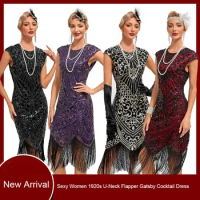 1920s Flapper Dress Vintage Sequin Fringed Great Gatsby Prom Women Party Cocktail Costume Women's Sequin Tasse Dress
