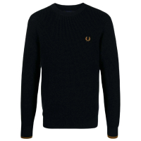 FRED PERRY 男款 品牌刺繡LOGO 華夫格縫圓領精梳棉針織衫-深藍色(M號、L號、XL號)