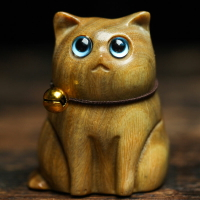 綠檀木雕刻小貓咪小鈴鐺創意擺件可愛木貓文玩原木手把件簡約飾品