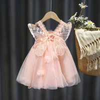 Baby Girl's Sling Dress with Wings Princess Style Summer New Fluffy Gauze Dress Super Fairy with Big Butterfly Wings