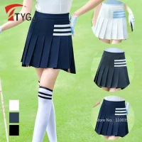 TTYGJ Female Slim Split Golf Short Skirt Women High-waist Pleated Culottes Ladies Stripe Patchwork Skirts Sport Training Skort