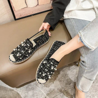 Fashion Pearl Women Single Shoes Breathable Flat Shoes Sewing Cloth Shoes Non-slip Boat Shoes Mujer 2022 Summer Women's Flats