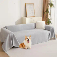 Light Gery Chenille Sofa Cover for Dogs Cats Tassel Edge Furniture Protectors for Pets Universal Thick Durable