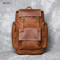 NZPJ Retro Genuine Leather Men's Backpack First Layer Leather Travel Backpack Large Capacity Natural Cowhide Laptop Bag