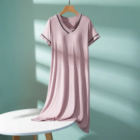 【藍尼居家】★莫代爾簡約短袖帶胸墊居家睡衣裙(連身睡衣/Bra Top/女睡衣/家居服)