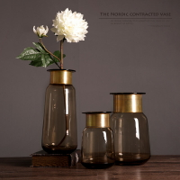 高檔花瓶玻璃透明簡約輕奢銅色金屬環花瓶客廳酒柜擺件家居飾品
