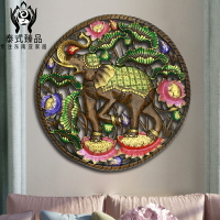 泰國實木工藝品特色木雕家居壁掛裝飾手工柚木雕花彩色大象雕花板