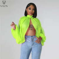 VAZN 2023 New Arrival Lace Chiffon See Through Sexy Young Hotsweet Turtleneck Full Sleeve Backless Nature Women Loose Tees