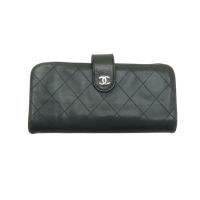 【二手名牌BRAND OFF】CHANEL 香奈兒 藍綠色 牛皮 菱格紋 CC Logo 扣式 長夾 (無卡)
