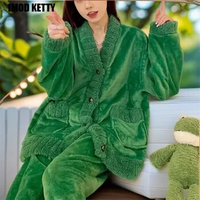 Warm Ladies Long Sleeve Sleepwear 2 Pcs with Pants Single Breasted Pijama for Female Winter Women's Pajama Set Flannel Solid