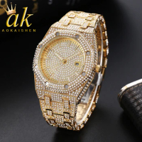 Aokaishen Brand Men Watch Luxury Ice Out Full Big Silver Bracelet Watch Fashion Dial Quartz Wristwatch Steel Dropshipping