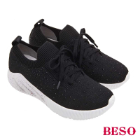 【A.S.O 阿瘦集團】BESO 輕量飛織布燙鑽綁帶噴漆大底休閒鞋(黑色)
