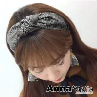 【AnnaSofia】韓式寬髮箍髮飾-點細線格紋中央結 現貨(灰系)