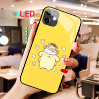 Kawaii Purin Luminous Tempered Glass phone case For Apple iphone 12 11 Pro Max XS Acoustic Control Protect LED Backlight cover
