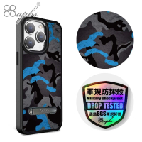 【apbs】iPhone 15 14系列 軍規防摔鋁合金鏡頭框立架手機殼(數位迷彩藍)