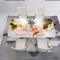 Classic dining table set modern dining room furniture home porcelain slab White gold marble look luxury dining table set italian